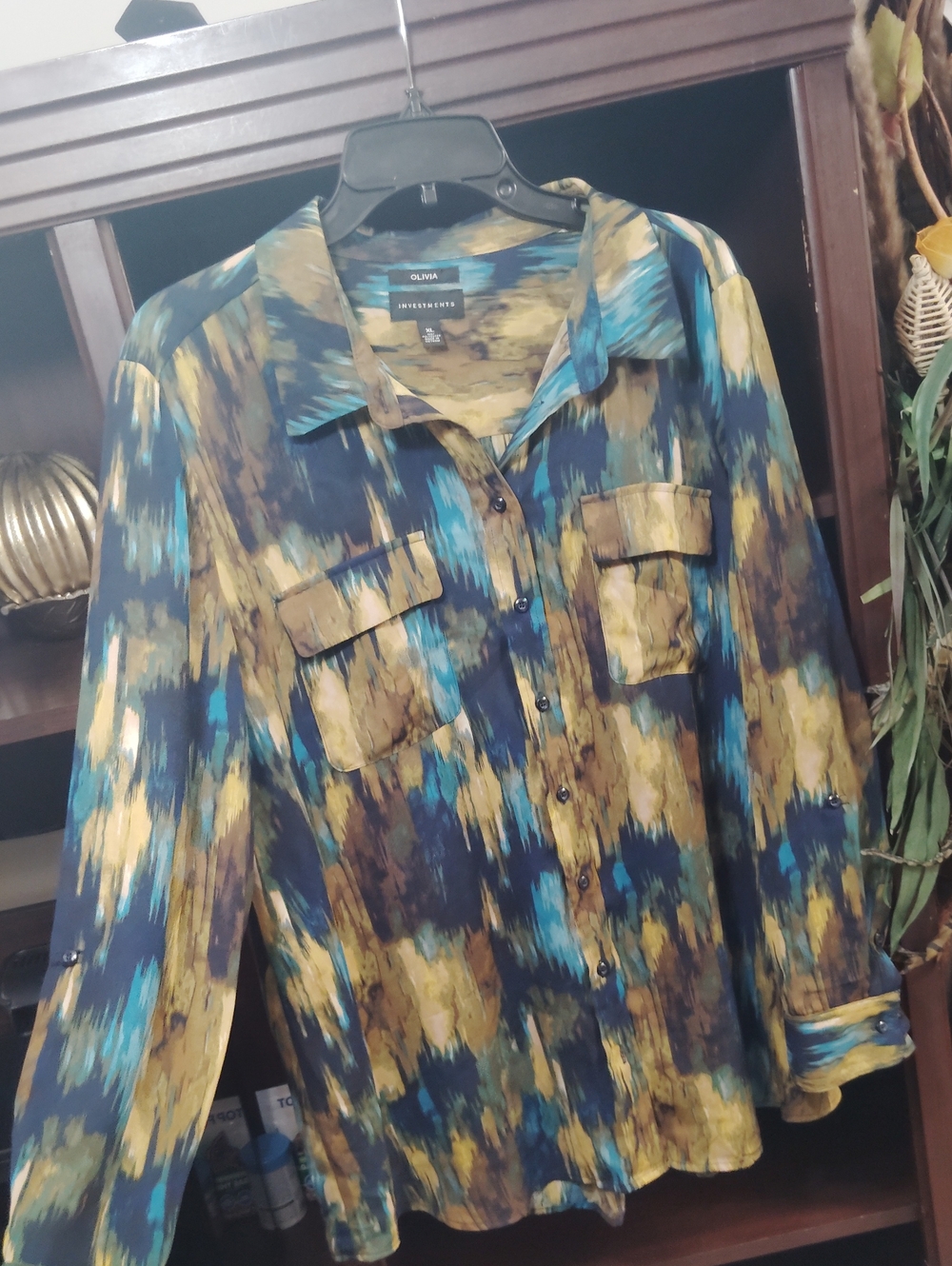 Investments Multicolor Blue Navy Mustard Abstract Button-Down Shirt